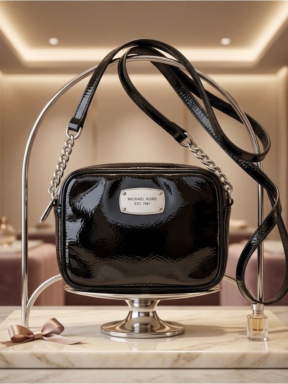 Michael Kors Black Patent Leather Mini Crossbody Silver Hardware Zipper Closure